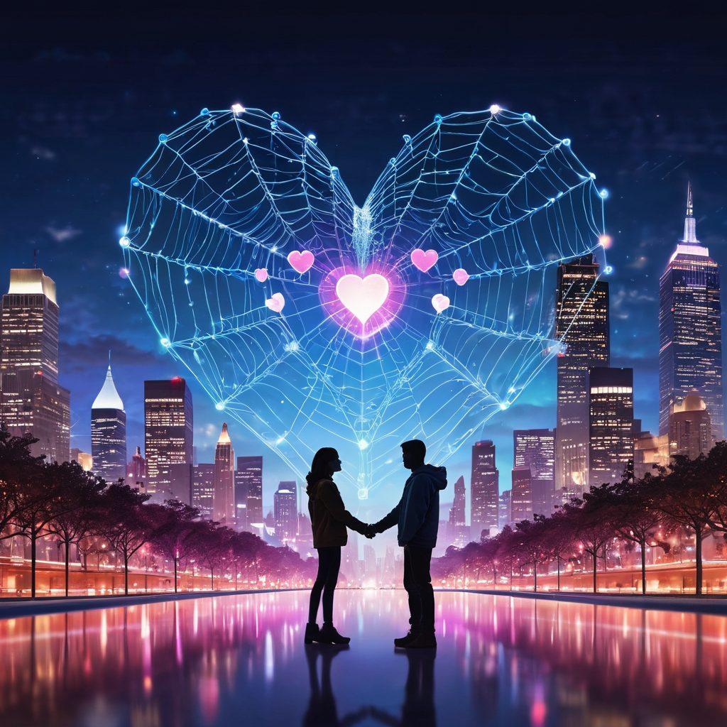A digital illustration depicting two people connecting through a glowing, intricate web of data and heart symbols, symbolizing internet connections fostering affection. The background showcases a vibrant city skyline with screens displaying love and friendship icons. Ethereal light effects create a warm, inviting atmosphere, emphasizing the emotional impact of online interactions. ultra-realistic. vibrant colors. white background.