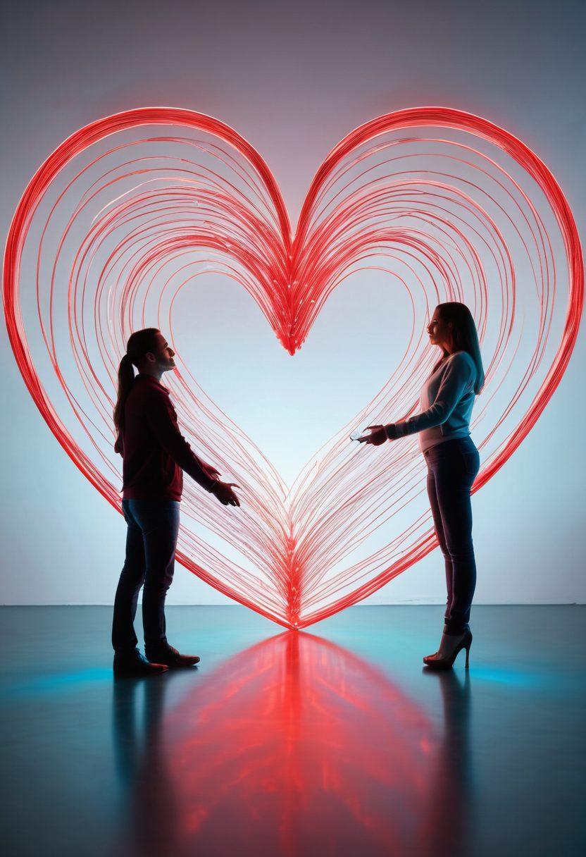 A heart symbol made of intertwined fiber optic cables, glowing with dynamic light trails to represent high-speed internet connections. In the background, soft silhouettes of a couple enjoying a video call, surrounded by vibrant technological motifs, like data streams and signals. The color palette should emphasize energetic shades of red, blue, and green to evoke passion and connectivity. super-realistic. vibrant colors. white background.