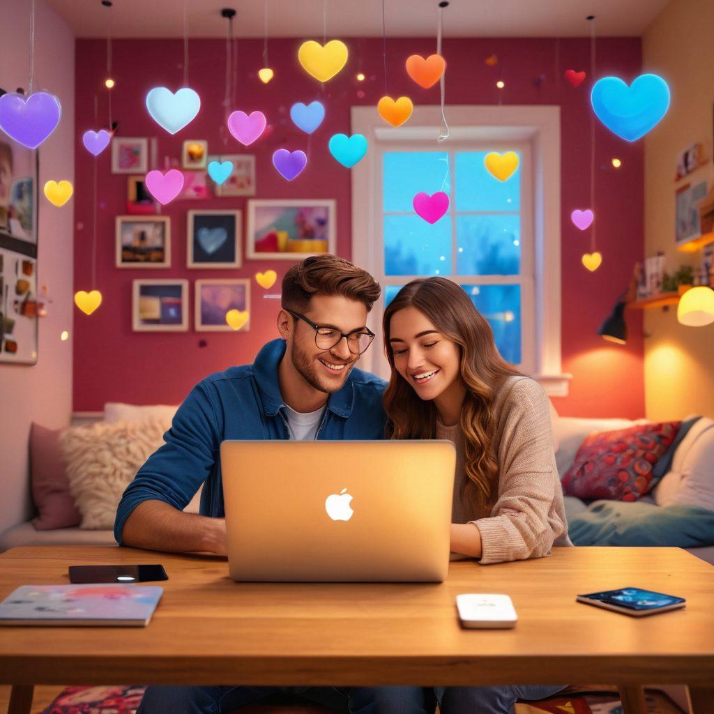 A romantic scene depicting a couple video chatting on their laptops, surrounded by colorful hearts and digital elements like emojis and notifications. The background showcases a cozy, warmly lit room filled with technology and personal items, illustrating the fusion of love and the digital world. Include a glowing Wi-Fi symbol to emphasize internet connectivity. vibrant colors. super-realistic.
